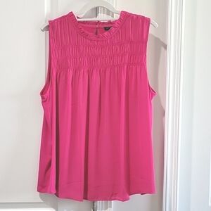 WOT Smocked Yoke Mixed Media Shell Top In pink